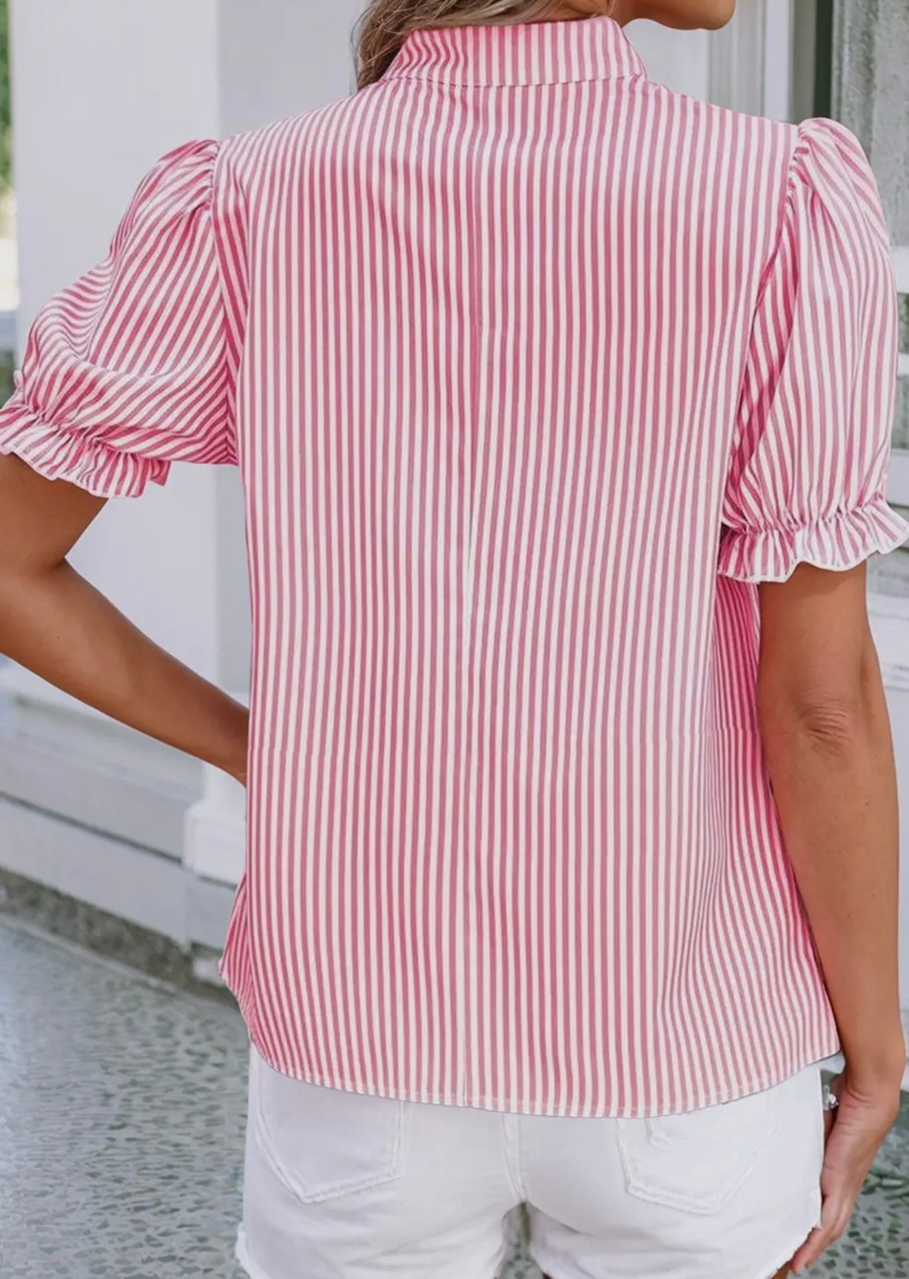 Striped v neck short sleeve blouse