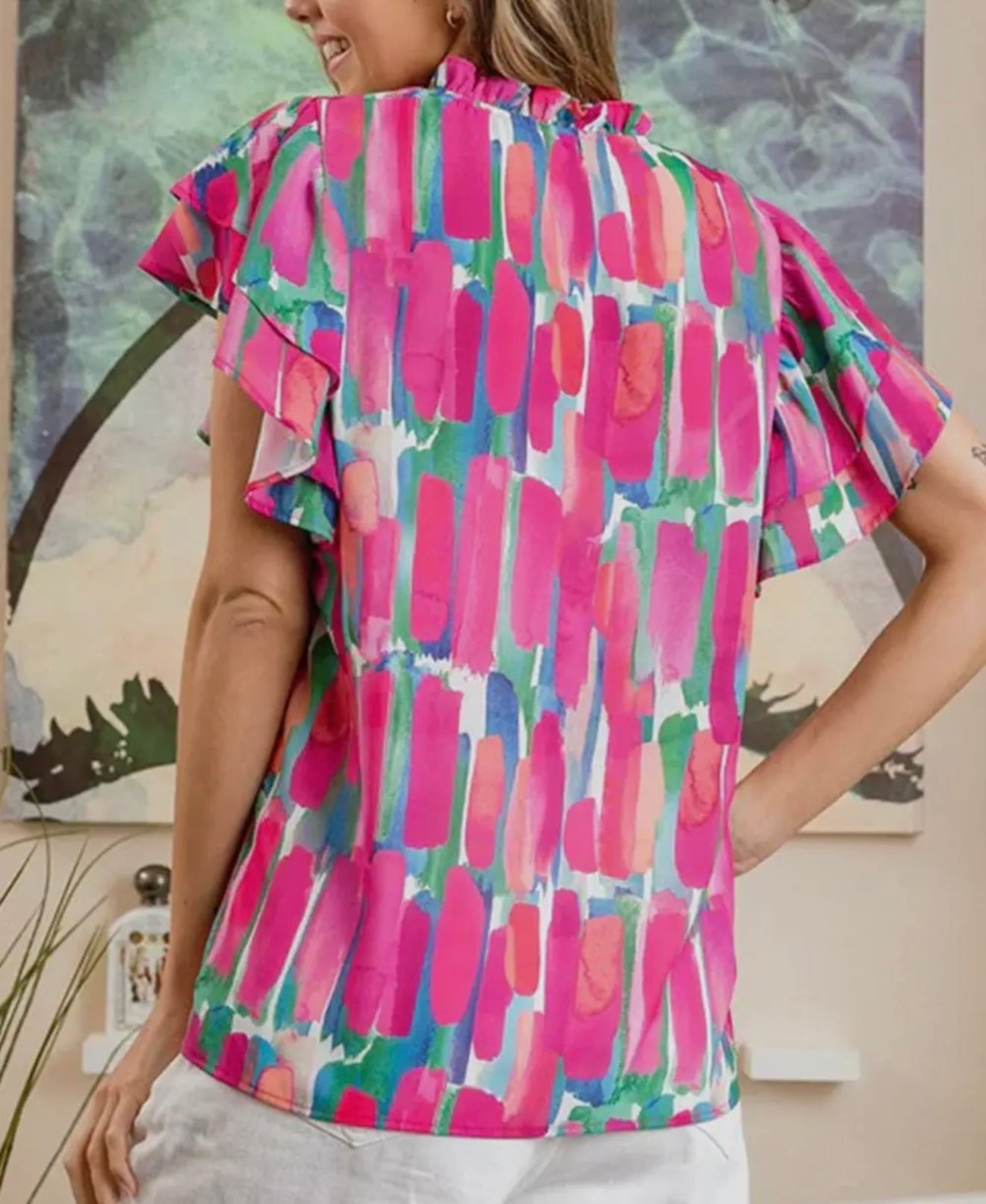 Rose Abstract Print Ruffle Sleeve V Neck Blouse