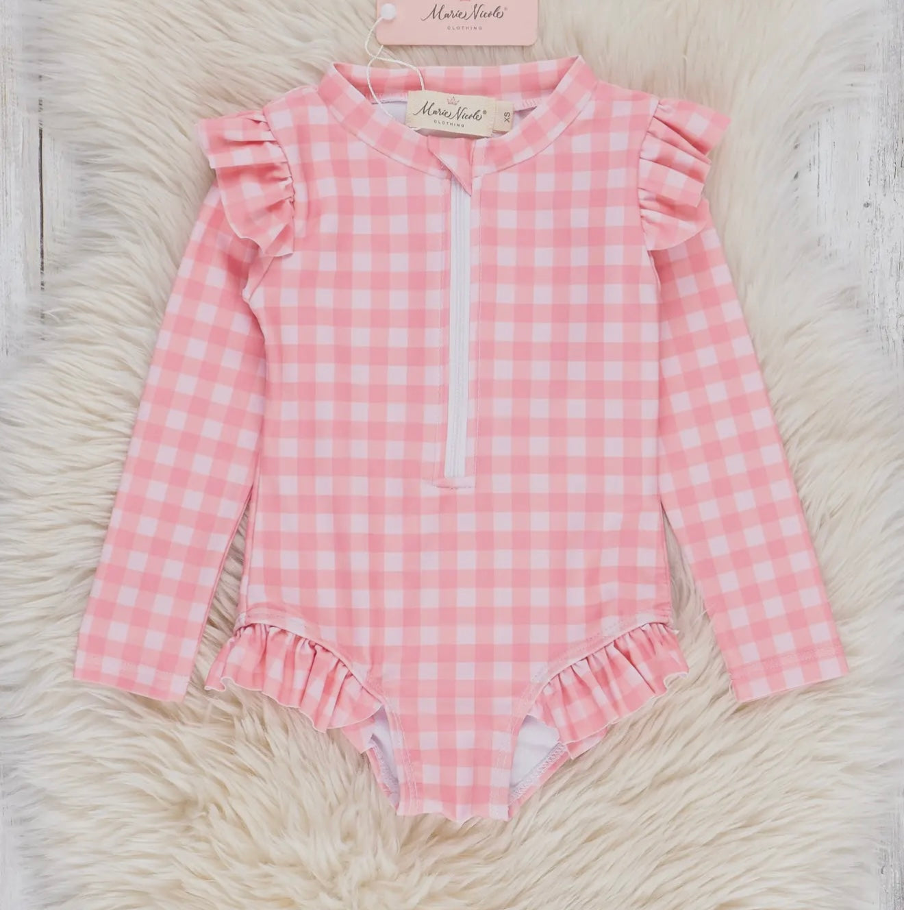 Gingham Zipper Rash Guard Swimsuit