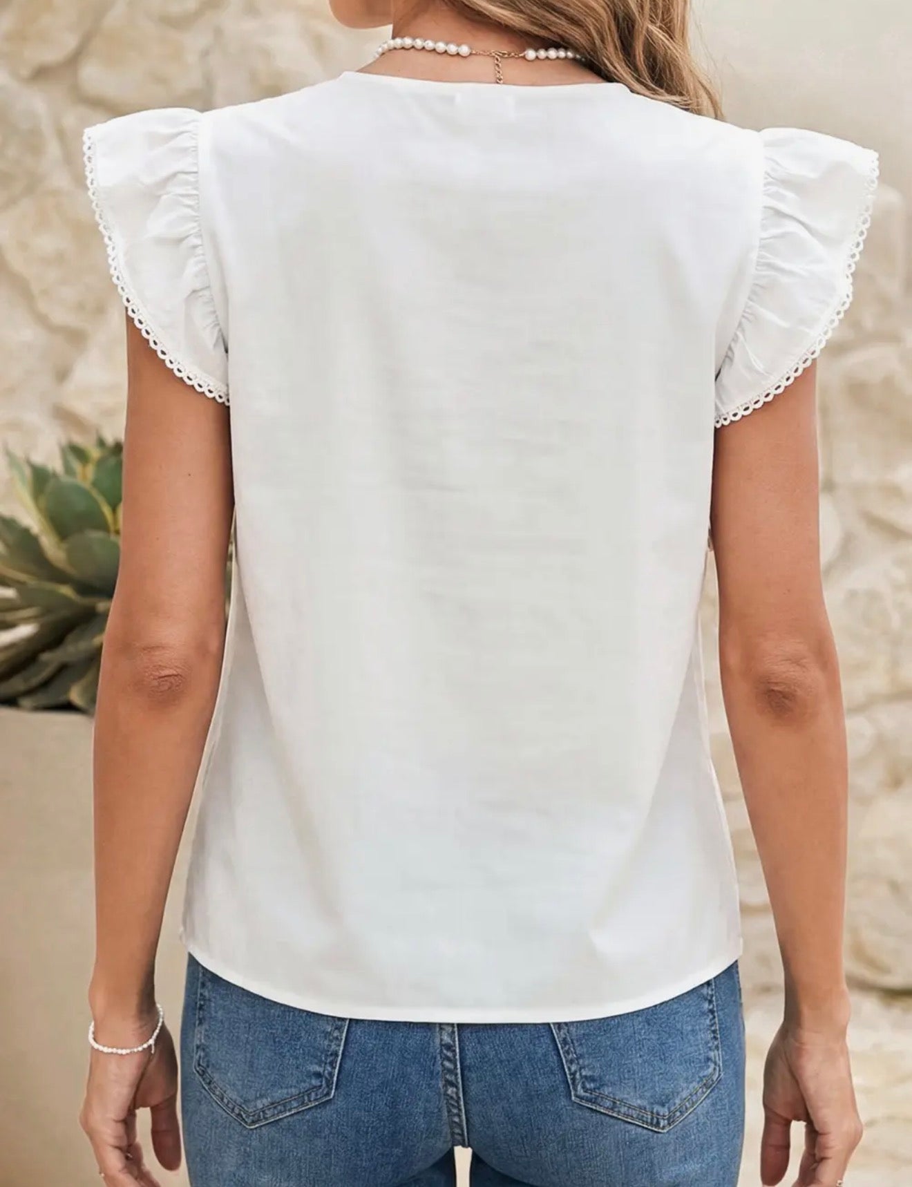 Lace detail flutter sleeve blouse