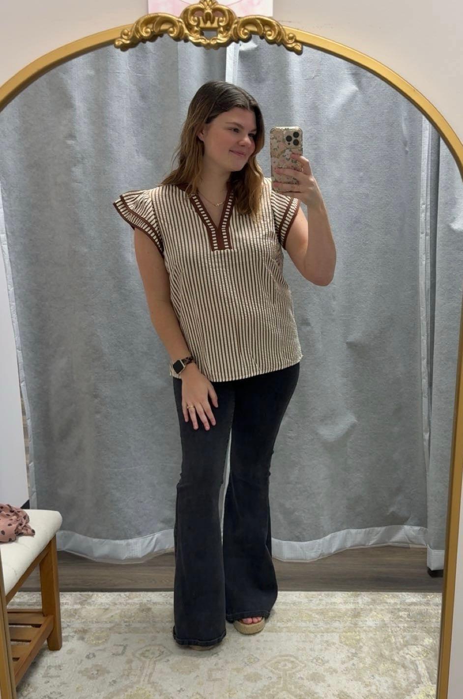Brown stripe flutter sleeve blouse