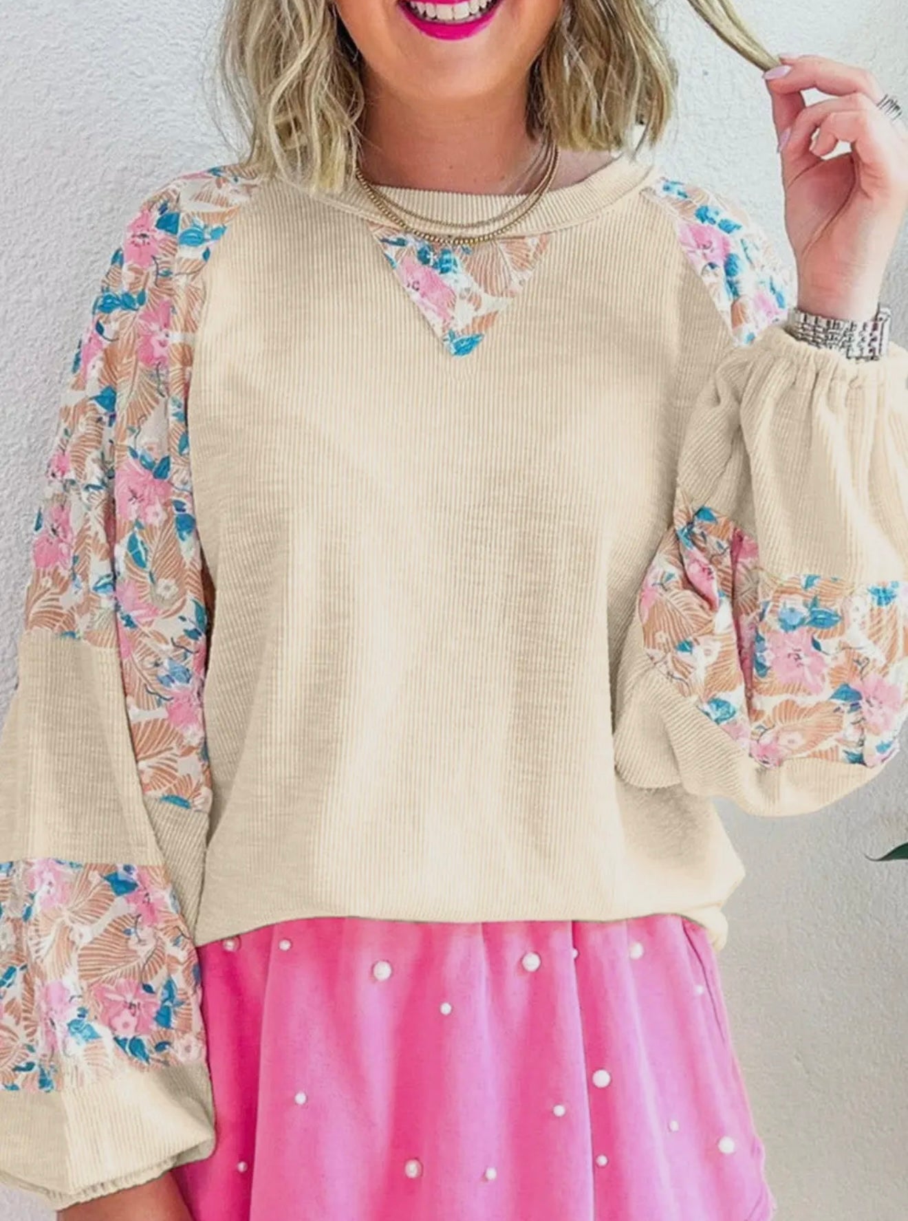 Textured patchwork balloon sleeve blouse