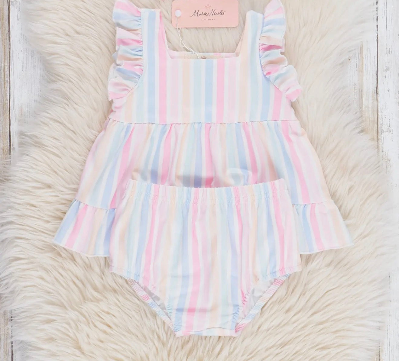 Pastel striped flutter sleeve top and bloomers set