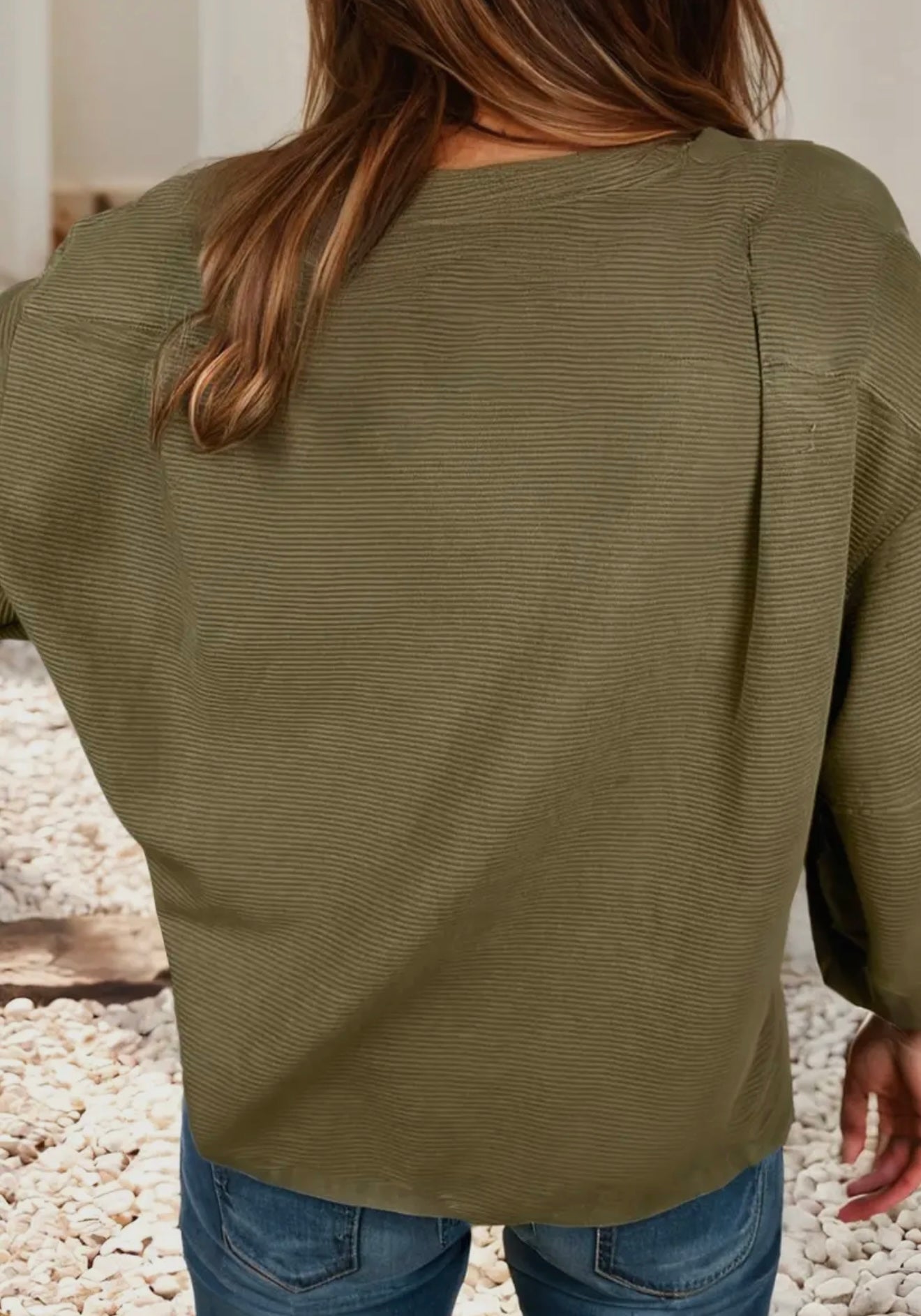 Ribbed loose long sleeve top- moss