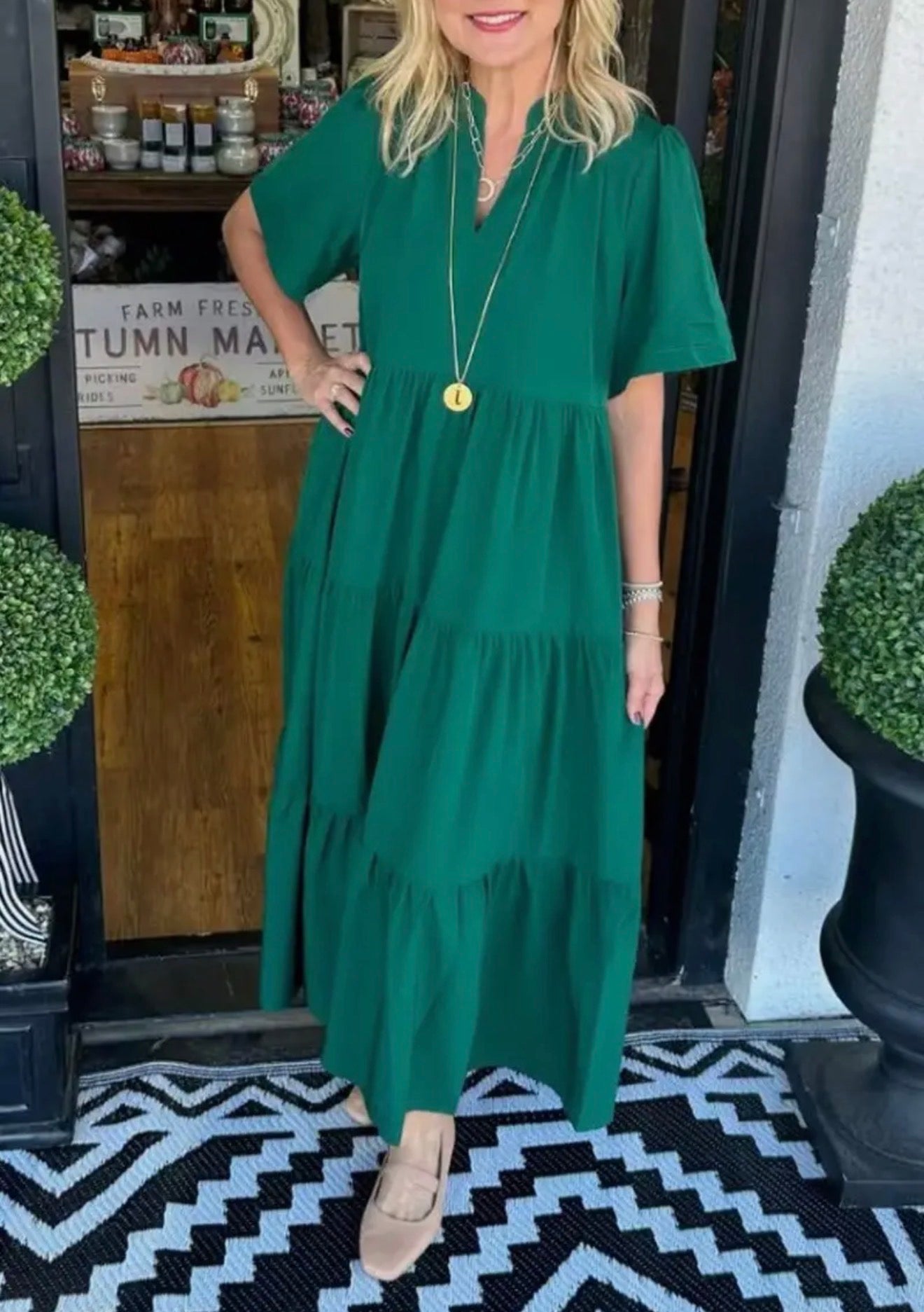 Kelly Green V-Neck Midi Dress