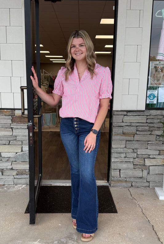 Striped v neck short sleeve blouse