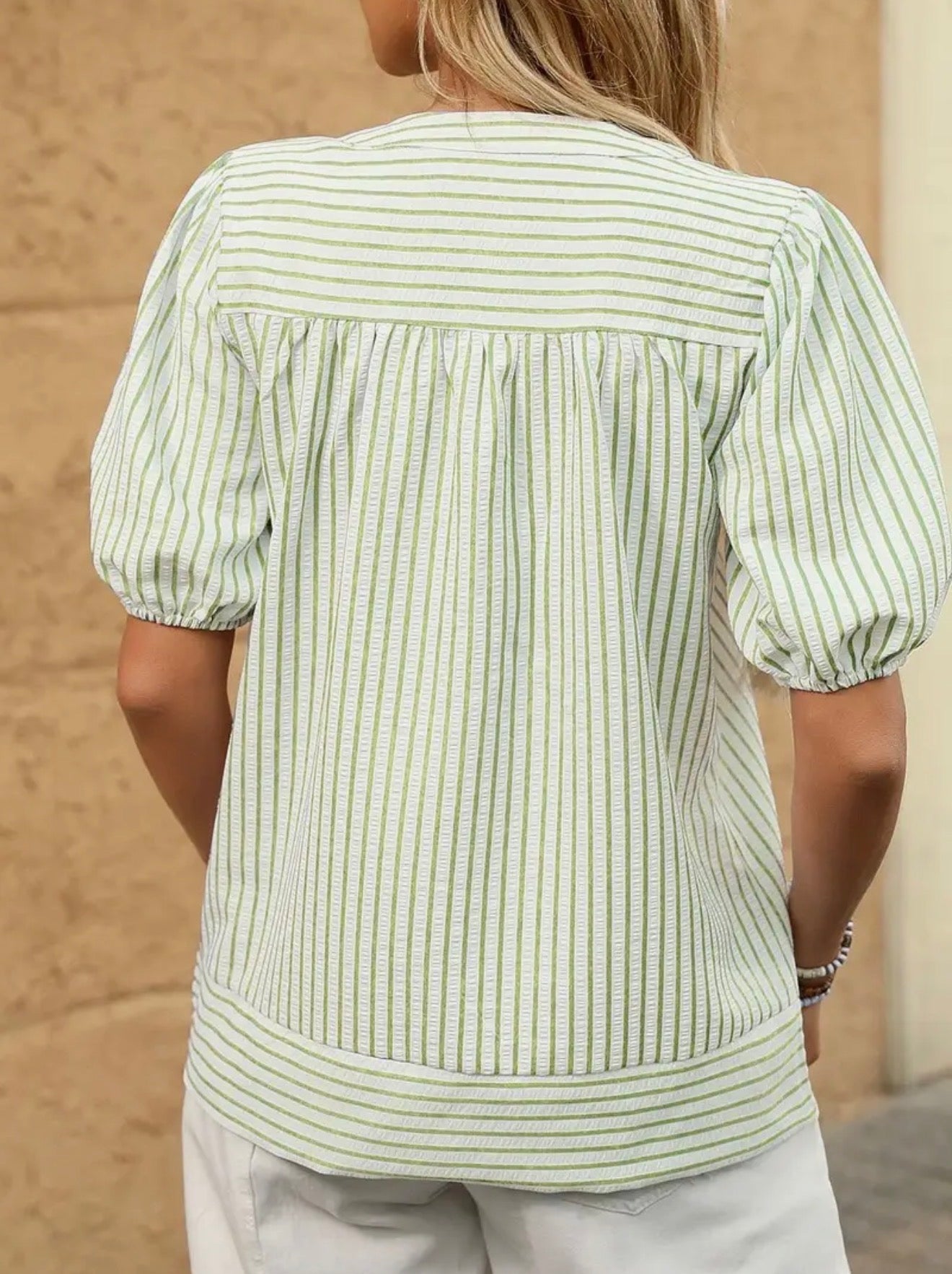 Lime Striped V-Neck Puff Sleeve Blouse