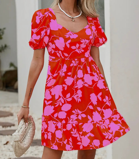 Floral Bubble Sleeve Red & Pink Mini Dress