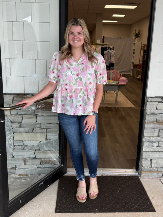 Floral v neck print drawstring blouse