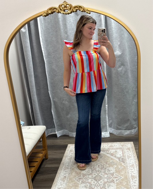 Rainbow Striped Ruffled Tank Top