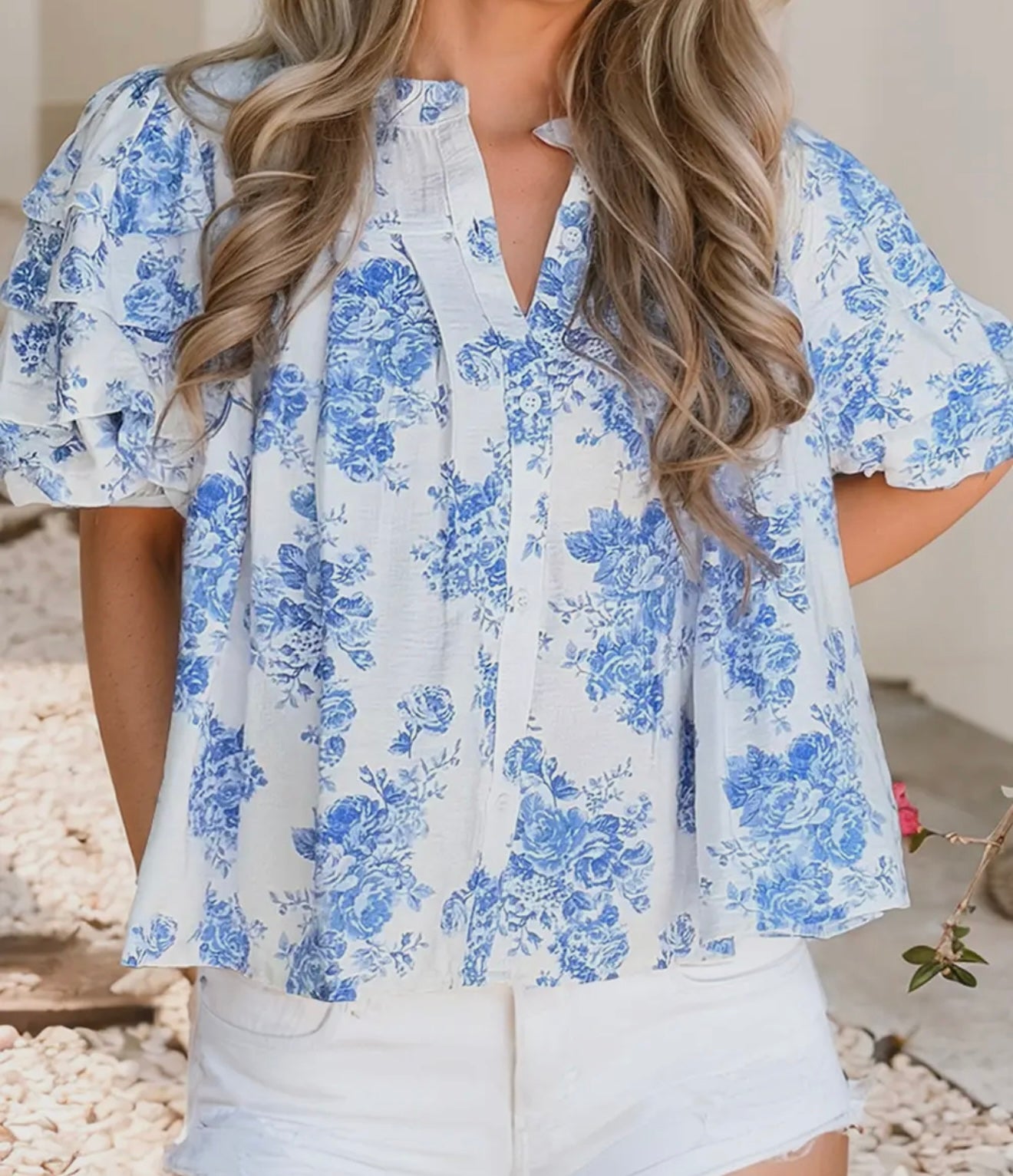 Blue Floral Puff Sleeve Button Up Blouse