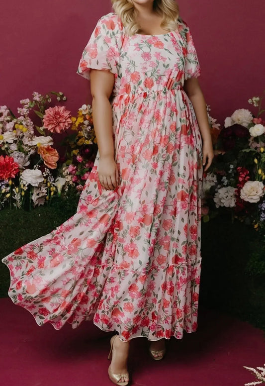 Pink Floral Plus Size Puff Sleeve Maxi Dress