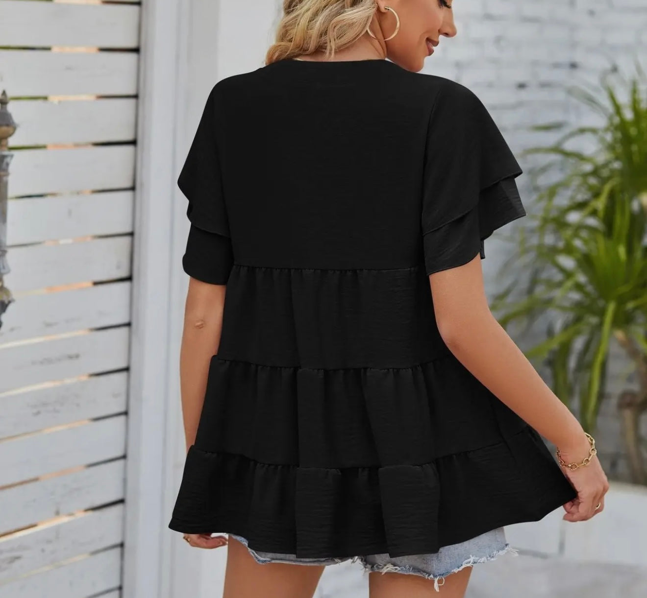 V Neck Double Sleeve Sweet Doll Shirt black