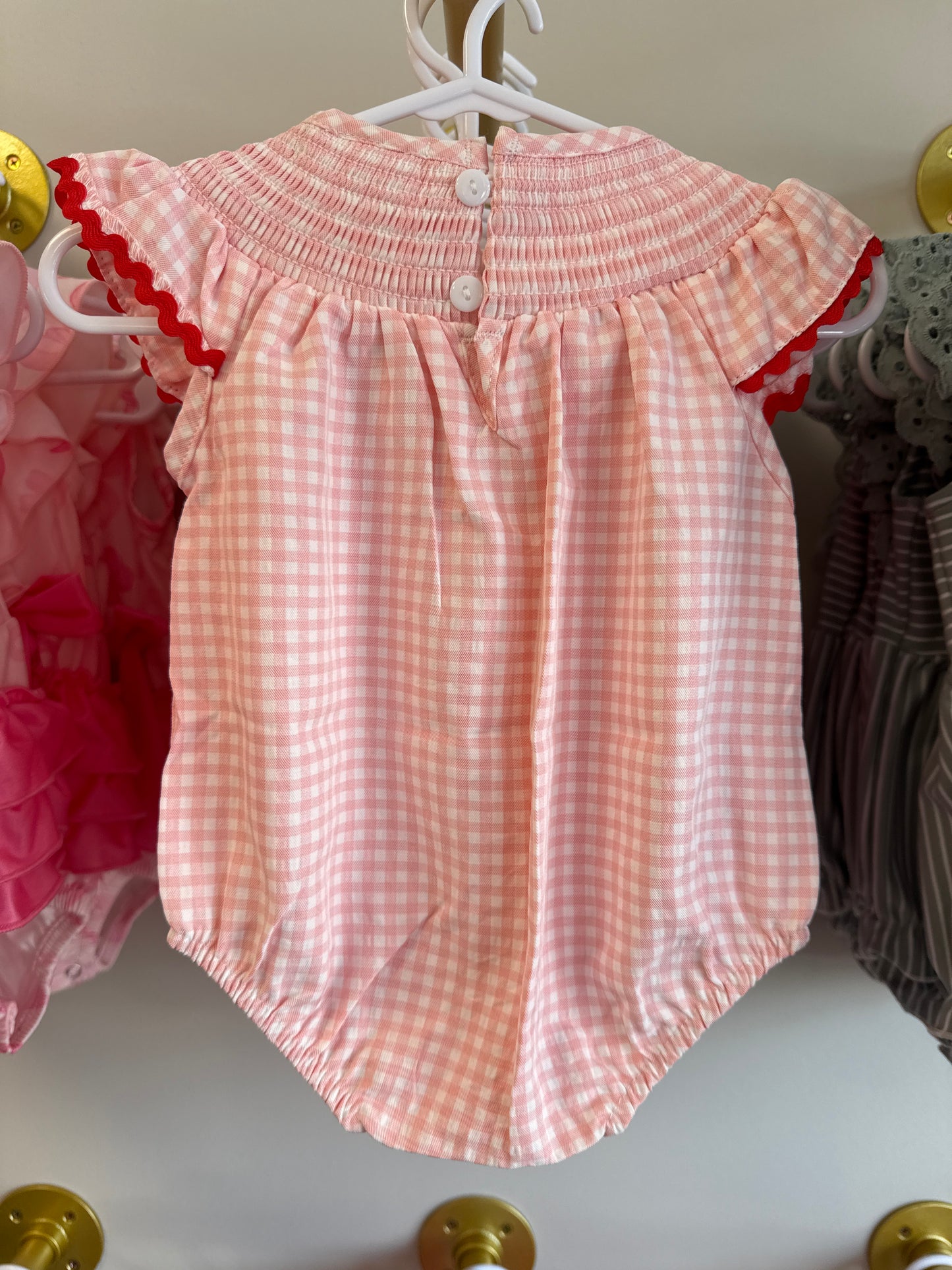 Baby girls strawberry plaid smocked romper