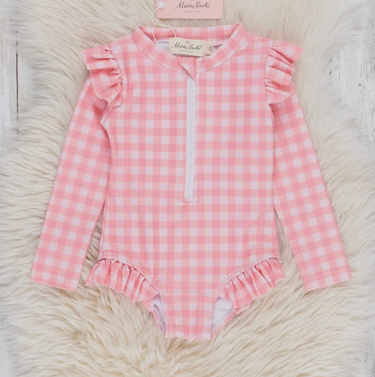 Gingham Zipper Rash Guard Swimsuit