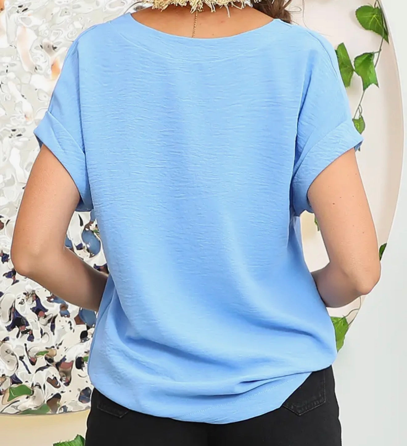 Rolled Sleeve V-Neck Blouse