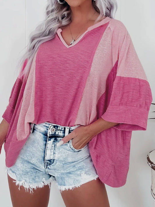 Textured Colorblock 3/4 Sleeve Oversized Top