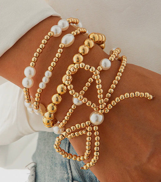 Gold Pearl Bow Bracelet Set