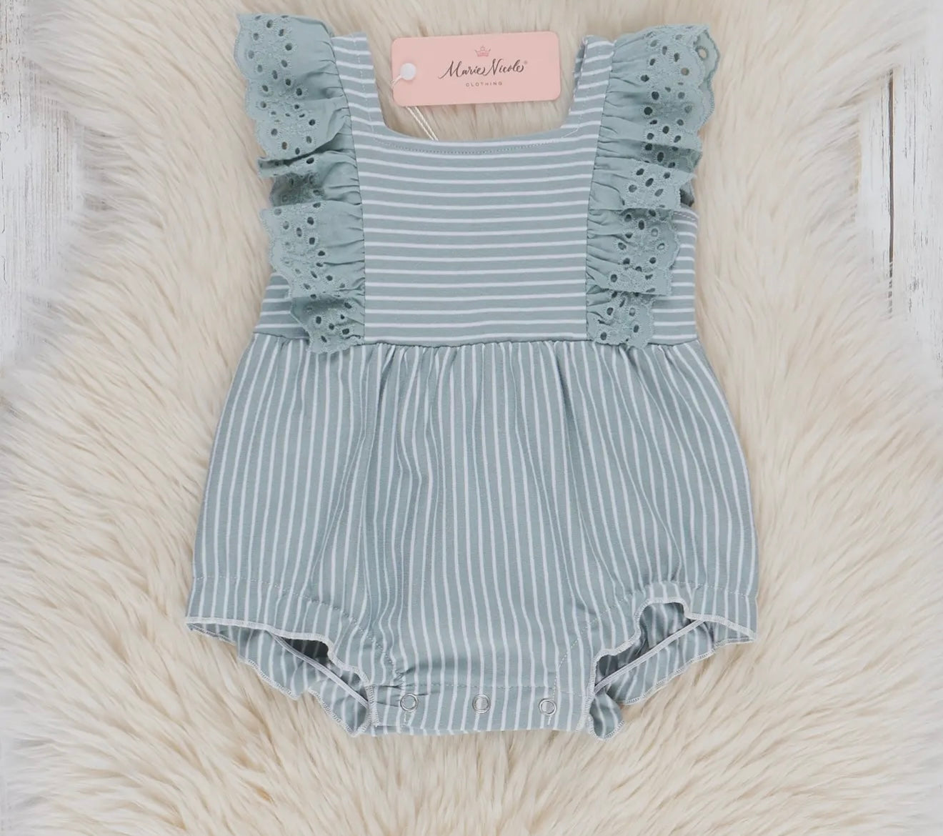 Blue Striped Eyelet Ruffle Bubble
