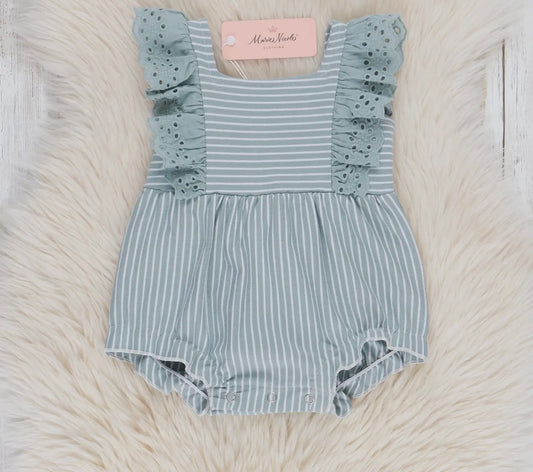 Blue Striped Eyelet Ruffle Bubble