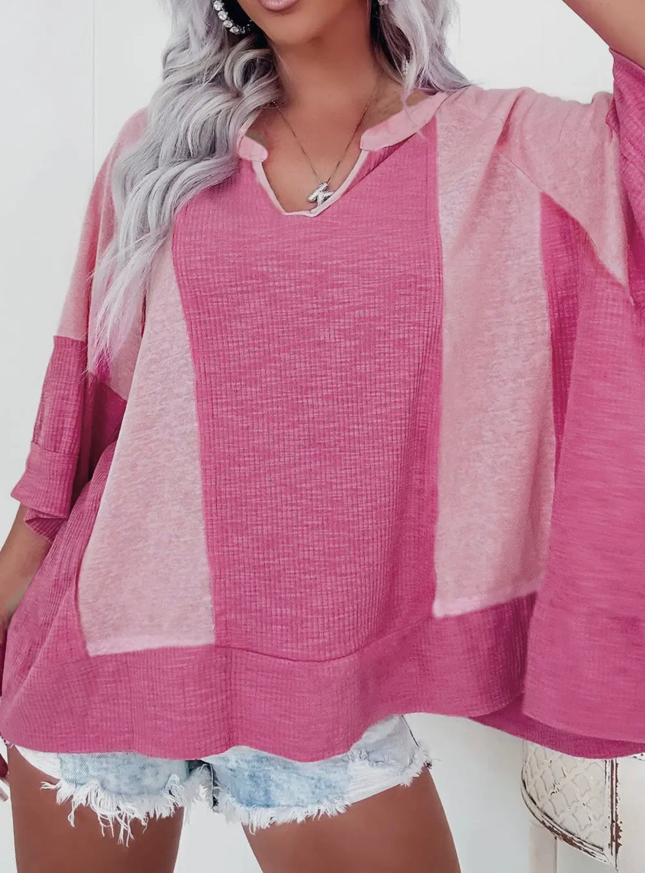 Textured Colorblock 3/4 Sleeve Oversized Top