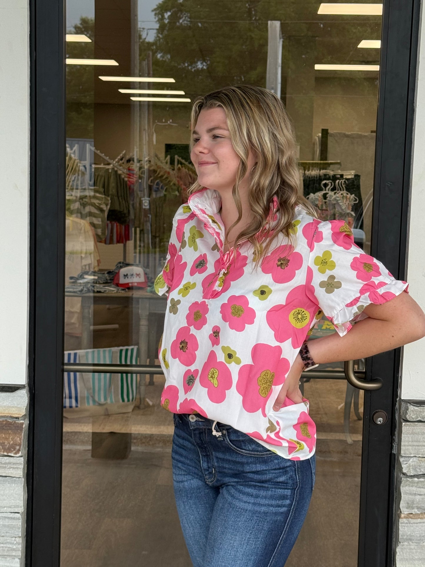 Floral ruffle short sleeve stripe button down blouse