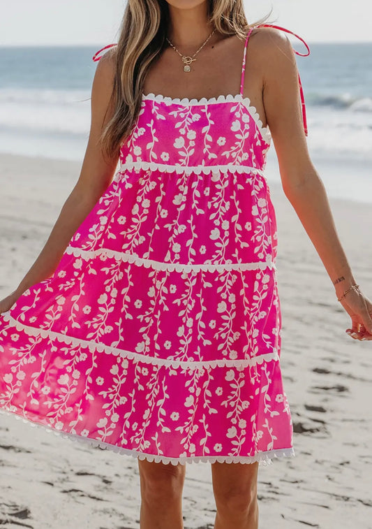 Hot Pink Floral Sleeveless Mini Dress