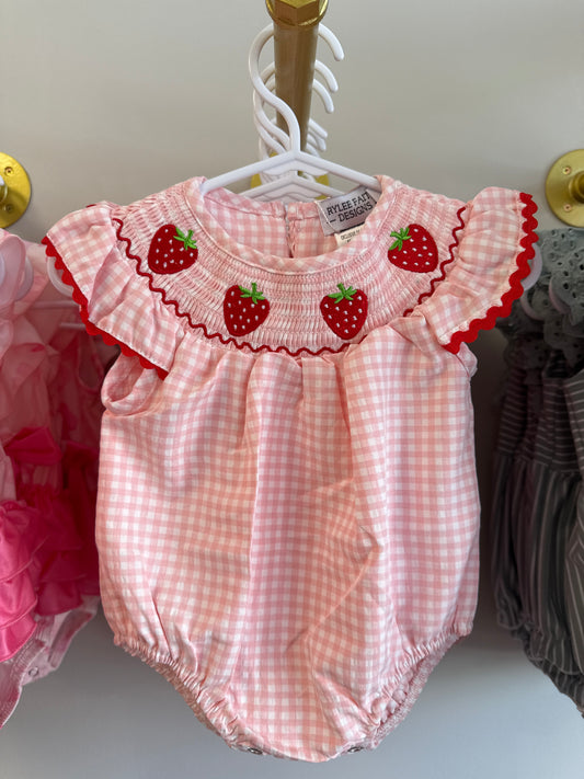 Baby girls strawberry plaid smocked romper