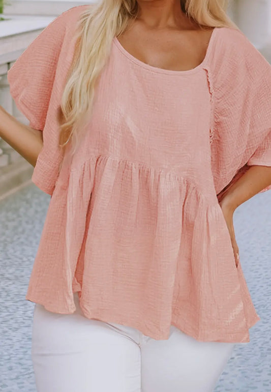 Plus Size Textured Pink Baby Doll Blouse
