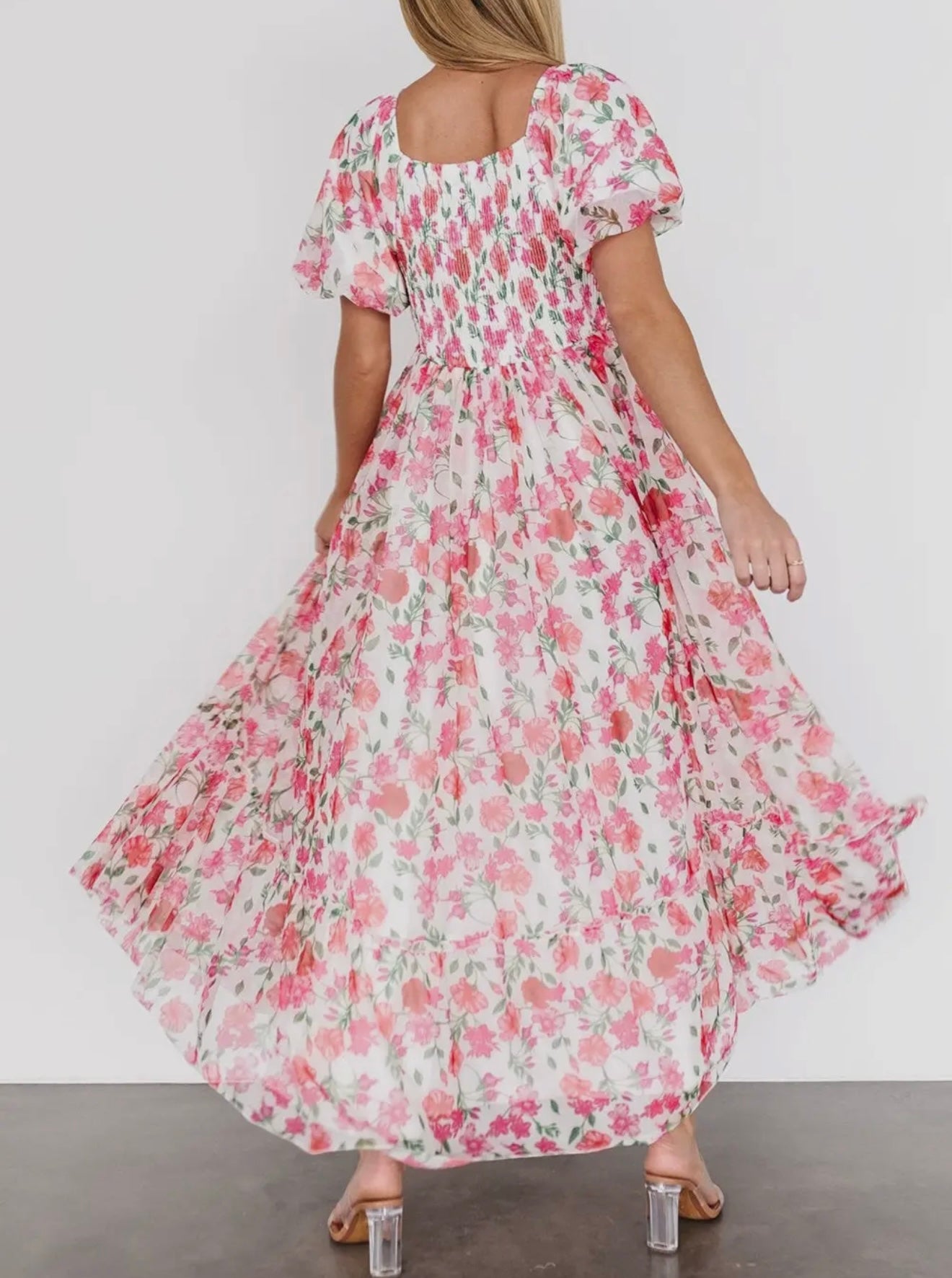 Pink Floral Plus Size Puff Sleeve Maxi Dress