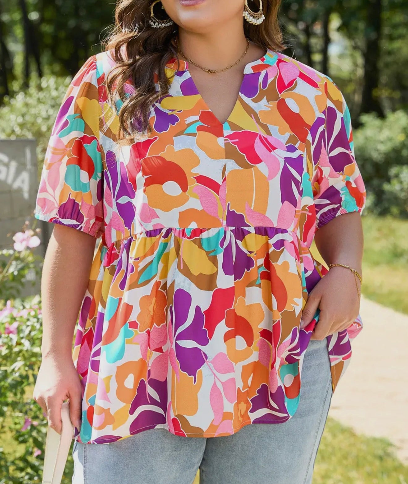 Pink Floral Plus Size V Neck Flare Blouse