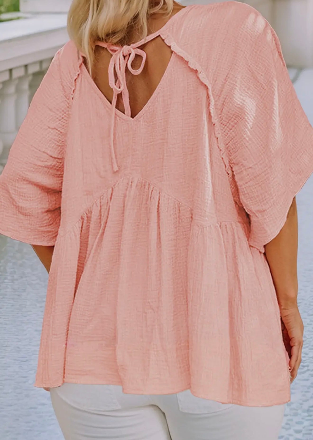 Plus Size Textured Pink Baby Doll Blouse