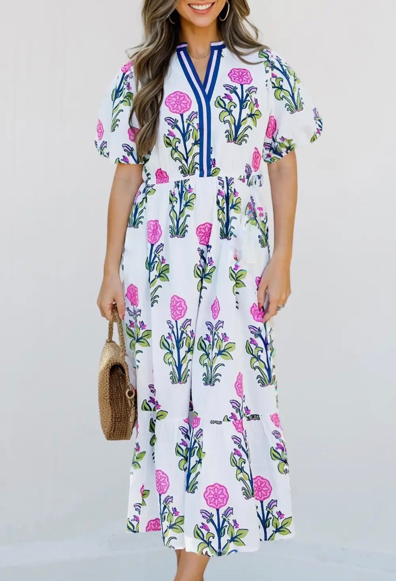 Puff Sleeve Boho Floral Maxi Dress