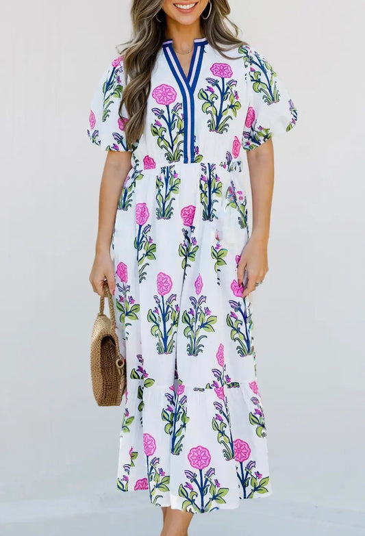 Puff Sleeve Boho Floral Maxi Dress