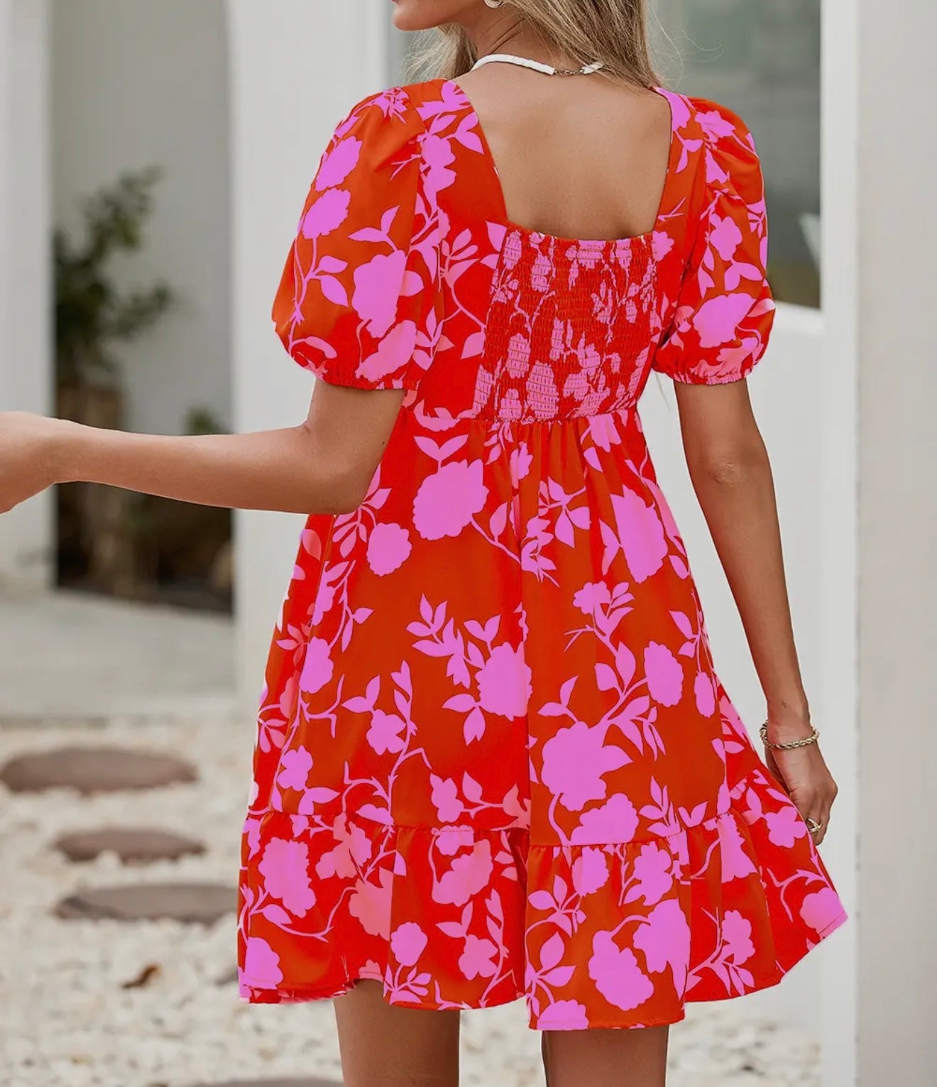 Floral Bubble Sleeve Red & Pink Mini Dress