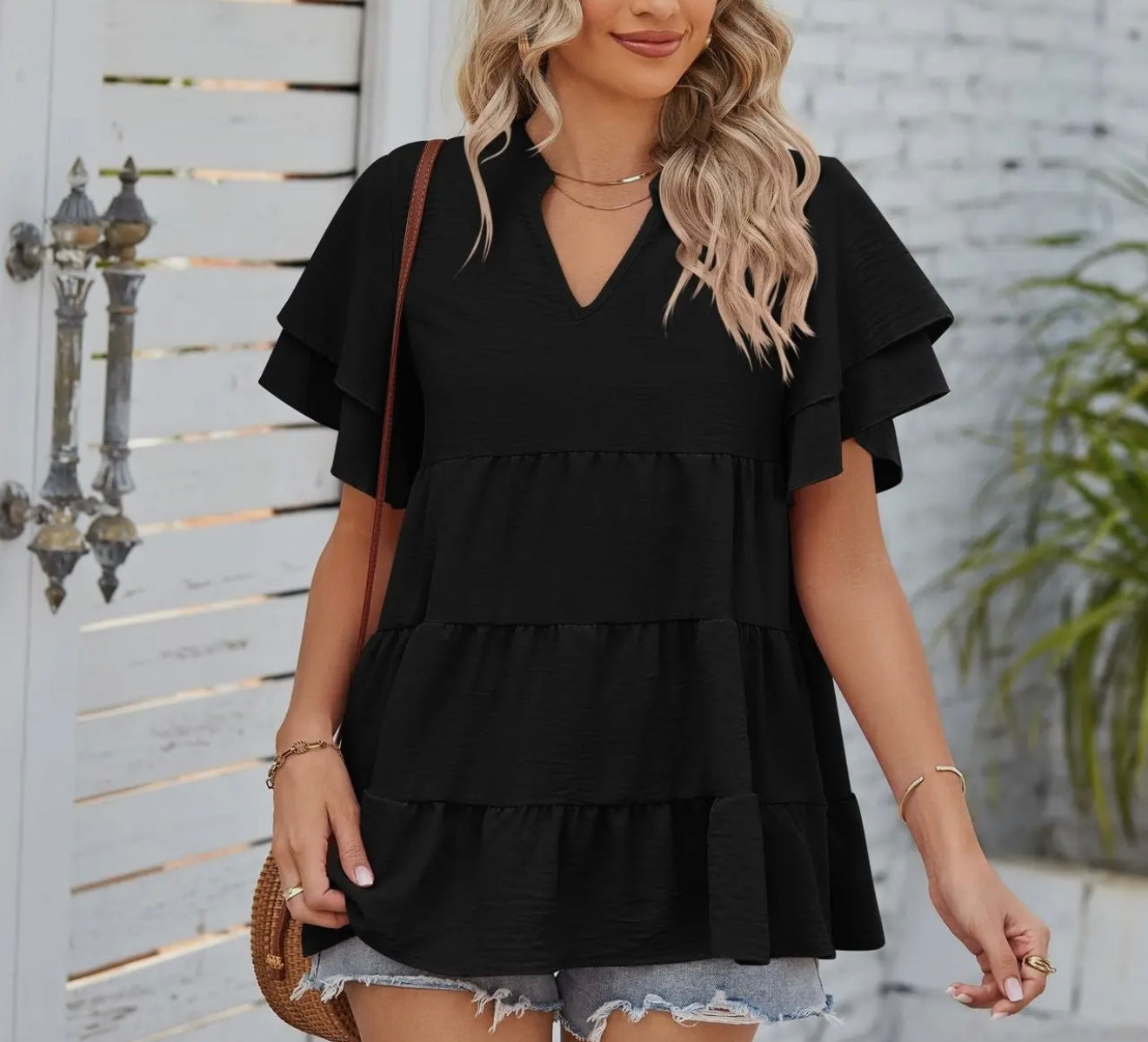 V Neck Double Sleeve Sweet Doll Shirt black