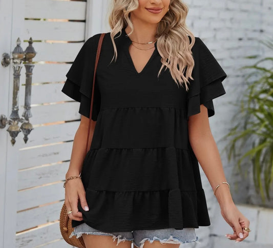 V Neck Double Sleeve Sweet Doll Shirt black