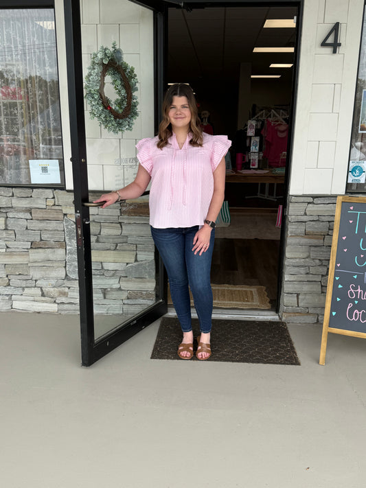 She+Sky Ruffled Sleeve Striped Blouse
