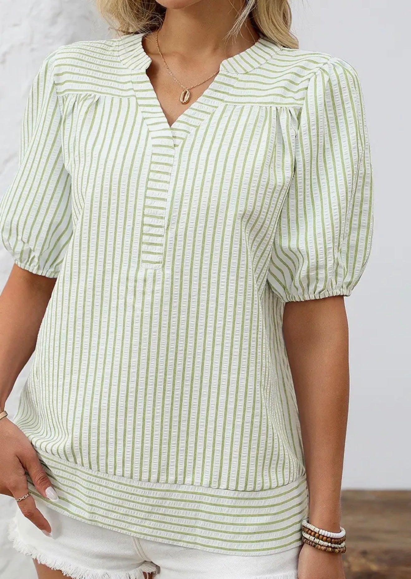 Lime Striped V-Neck Puff Sleeve Blouse