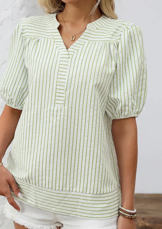 Lime Striped V-Neck Puff Sleeve Blouse