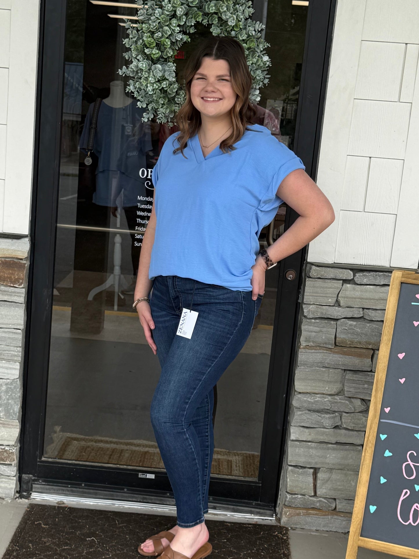 Rolled Sleeve V-Neck Blouse