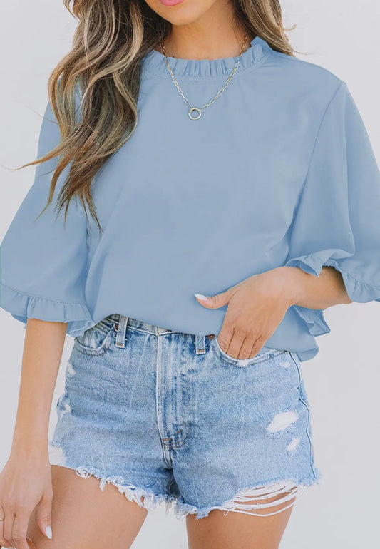 Frilly Round Neck Half Sleeve Blouse