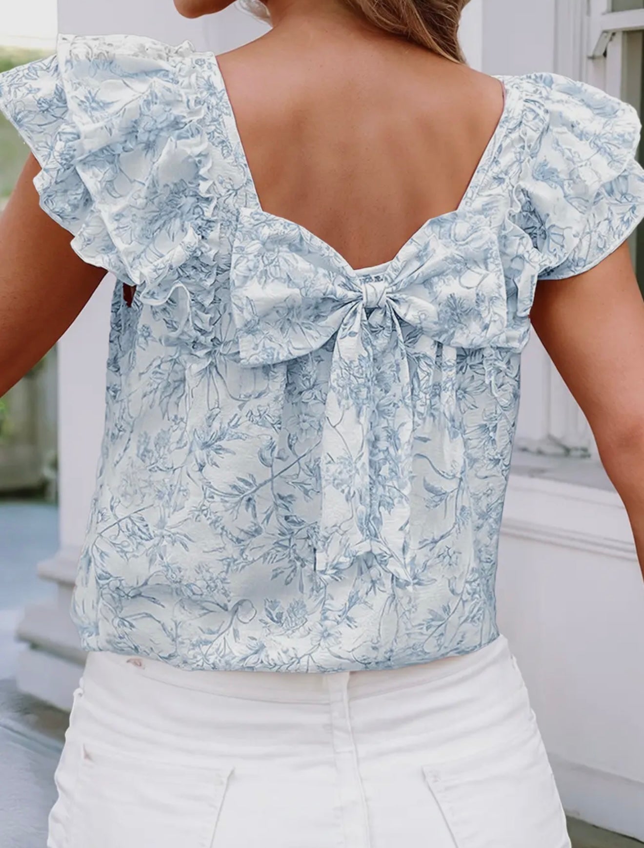Floral ruffle bow back tank