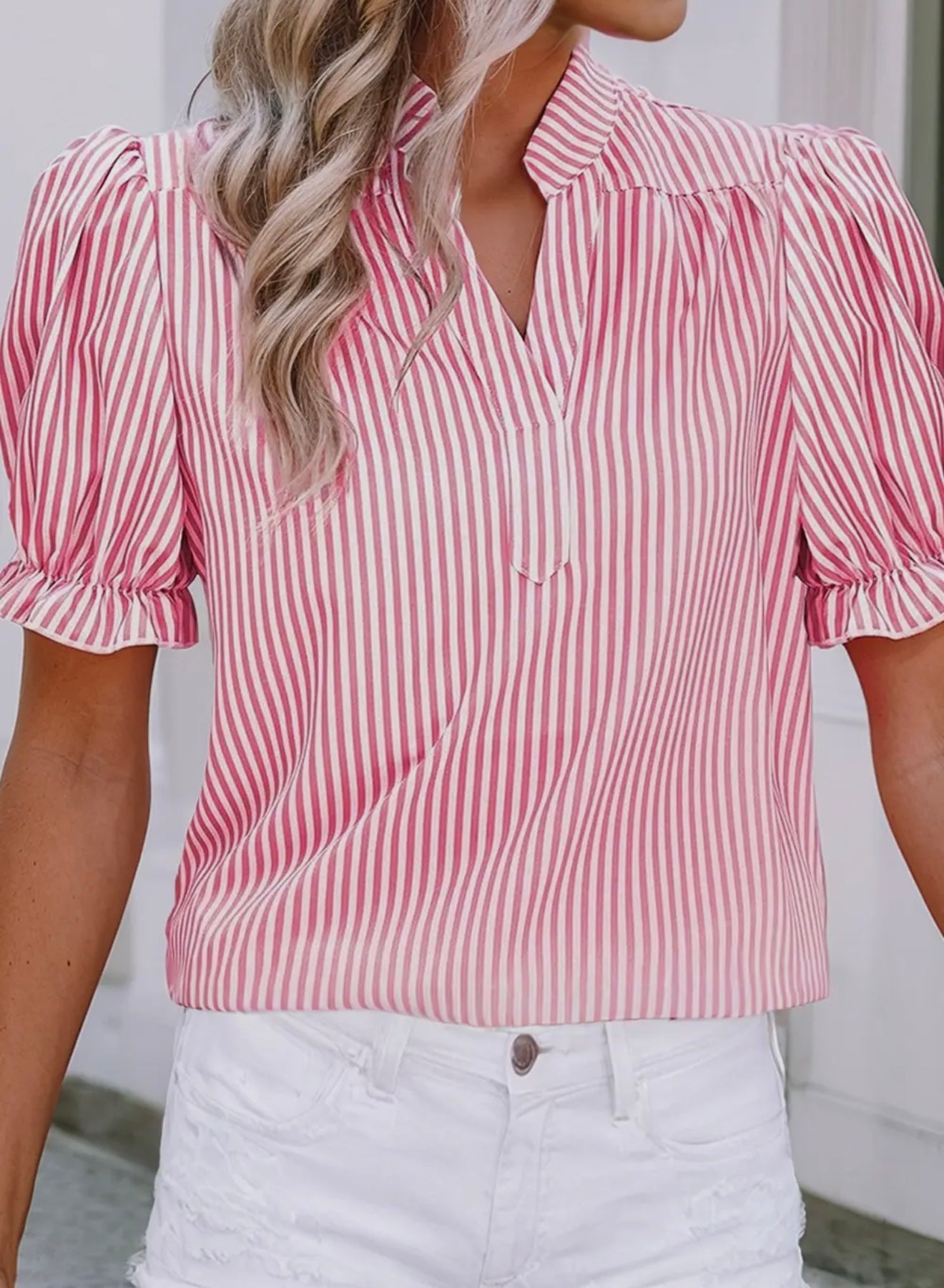 Striped v neck short sleeve blouse