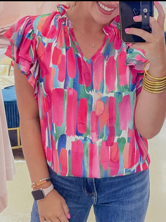 Rose Abstract Print Ruffle Sleeve V Neck Blouse