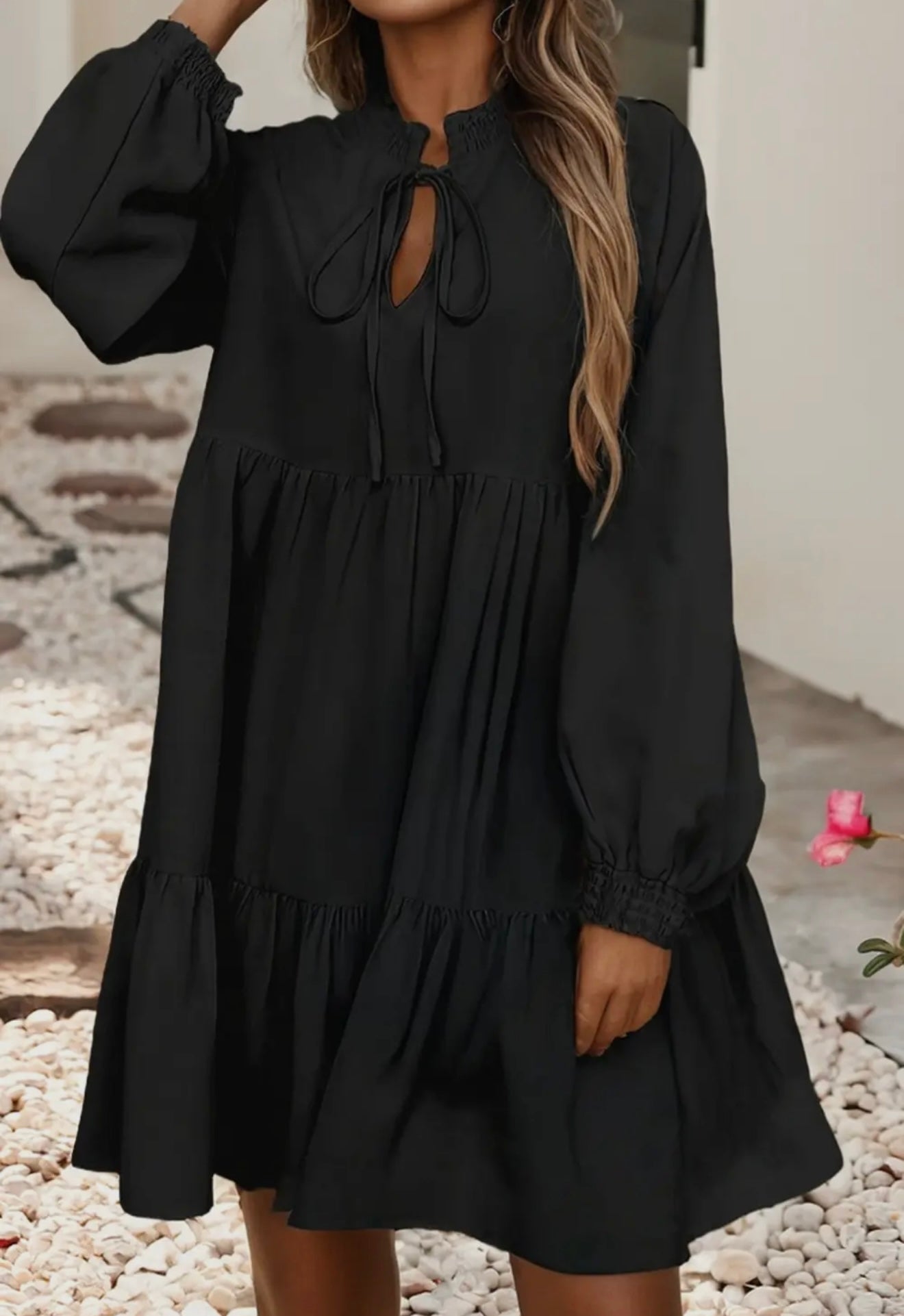 Ruffle hem long sleeve black dress
