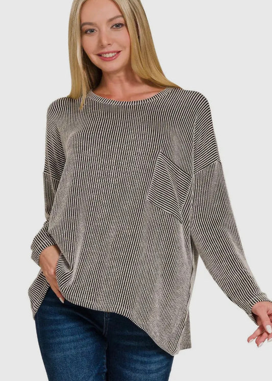 Ribbed striped oversized long sleeve top black