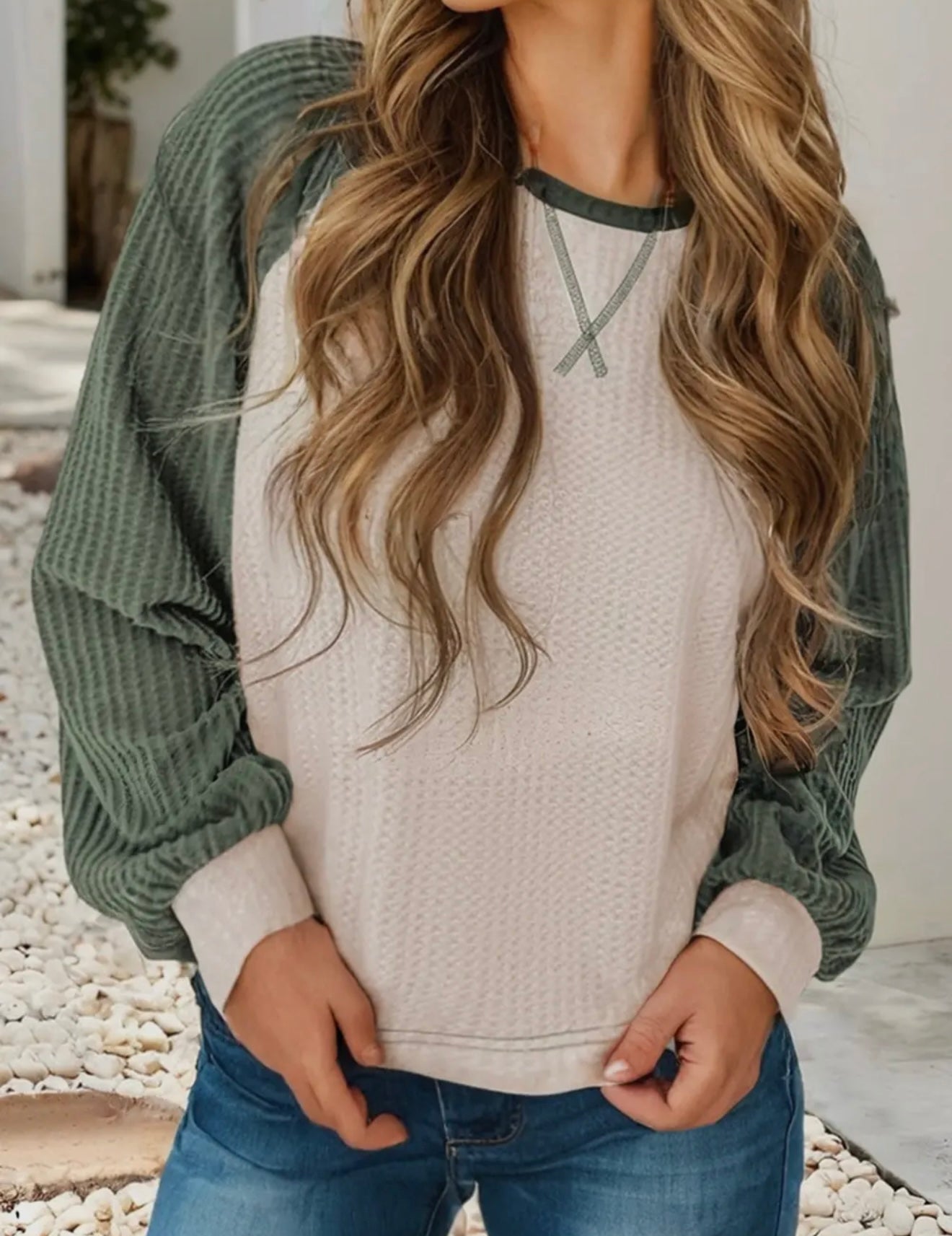 Waffle color block top mist green