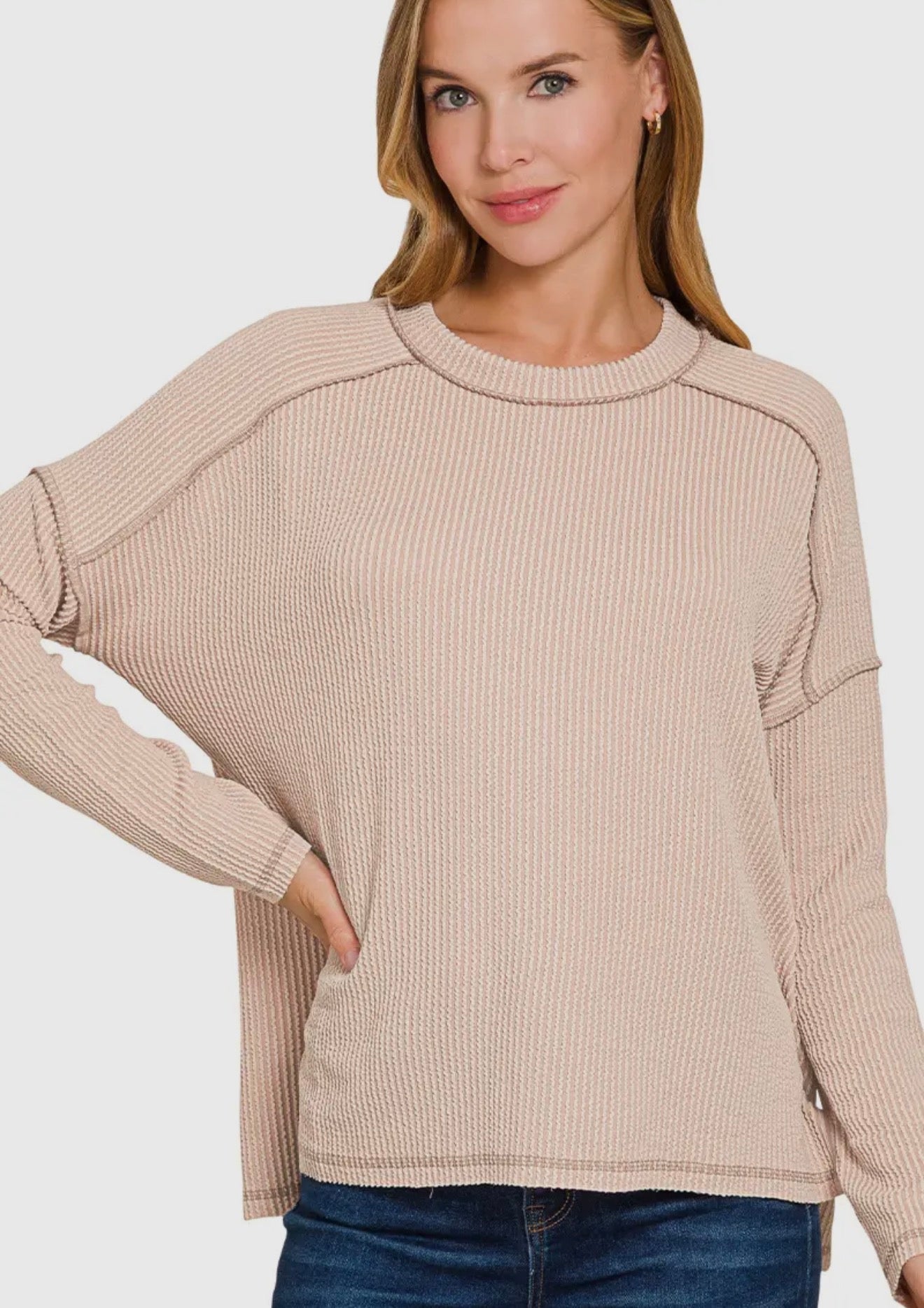 Raised rib raw edge long sleeve top mocha