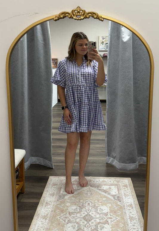 Plaid Ruffle Short Sleeve Babydoll Dress Lavender